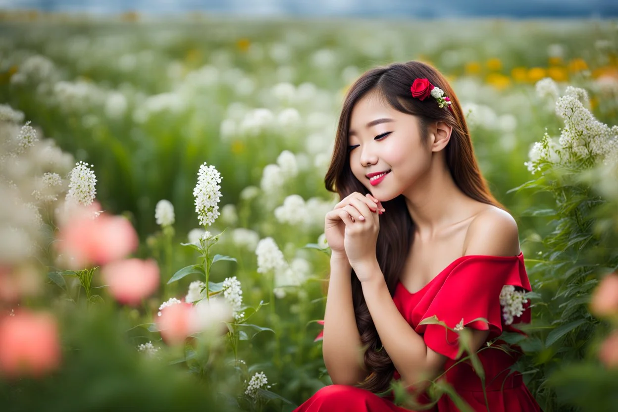 romantic environment heaven flowers clear nice clouds ,young girl gracefully whispering her lovely joy,full body shot.