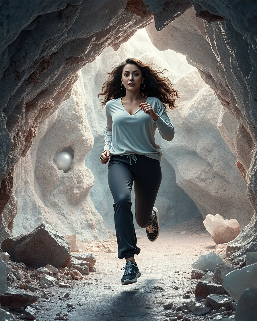 make a picture pretty crystal cave covered with jwells and 3d recursive cubic and sphere base pearls and Gemstone species, a beautiful goddess lady with curvy hair,makeup, in pretty modern today pants and loose shirt and sport shoes with jewels is running inside cave ,dynamic camera fallow her inside cave capturing full body, dynamic lights.