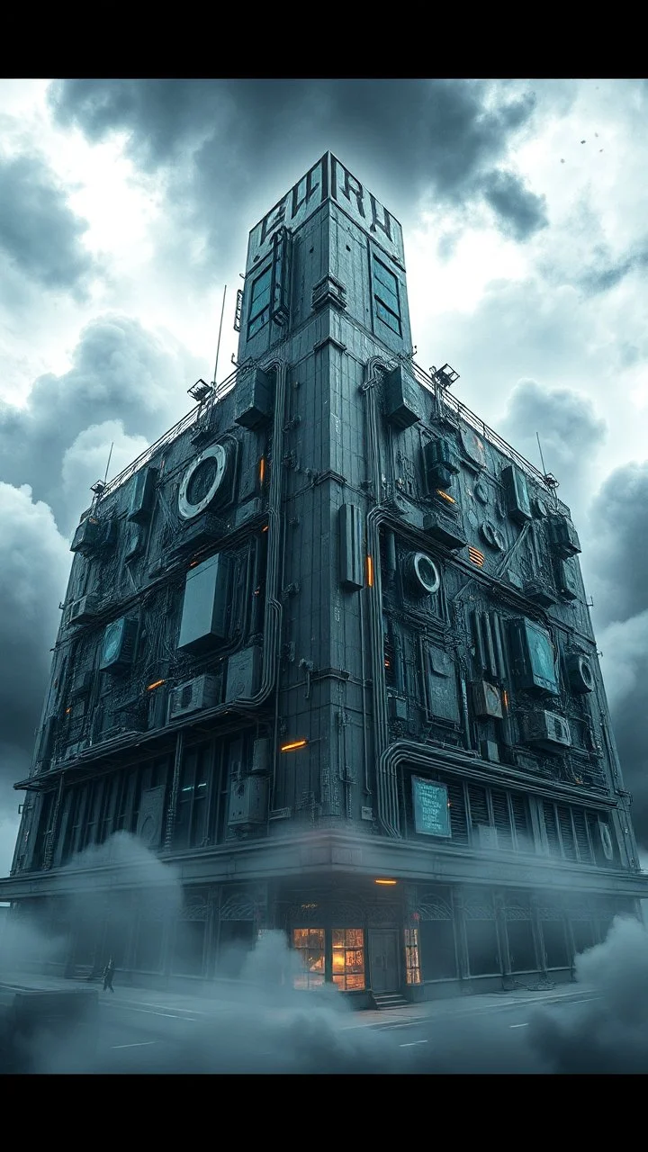 Synthography Art generated Of huge shape building with visual details of mechanical and electrical components textures with gray clouds storm in the background