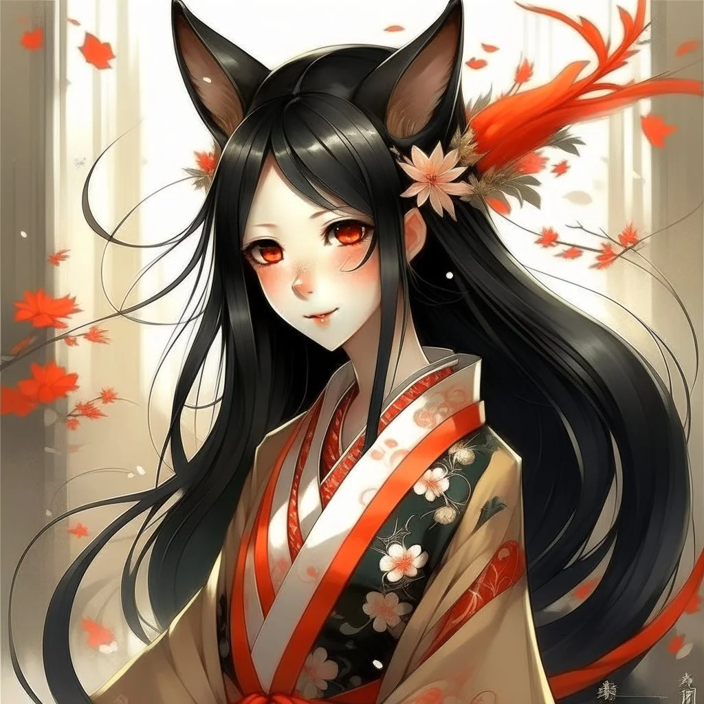 girl kitsune black hair beautiful