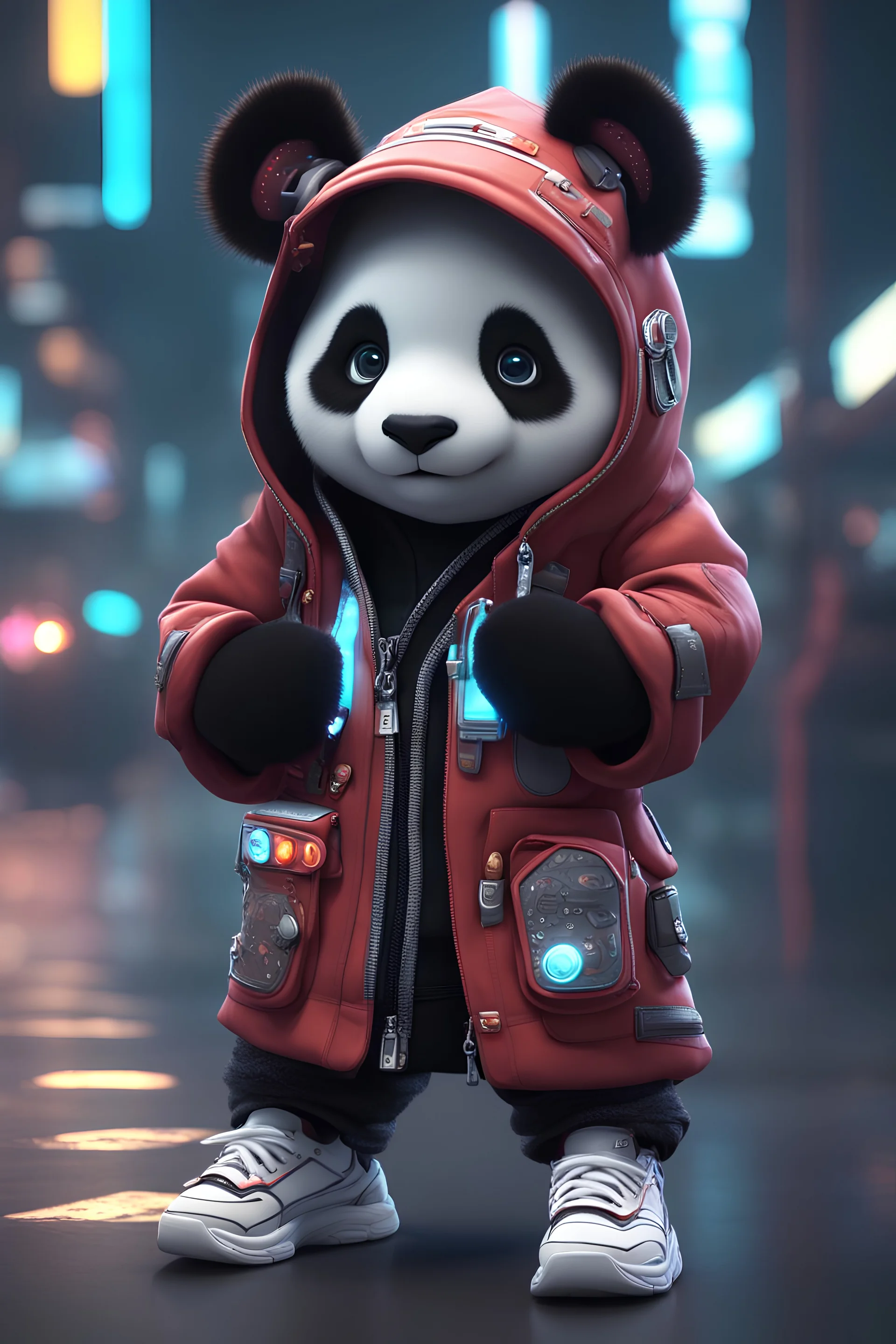 cartoon cute panda with white and sneakers, Cyberpunk realism style, front view, wearing a thai costume, zbrush, Arys Chien and light black, lit children, 32k uhd, street fashion, round,8k,HD