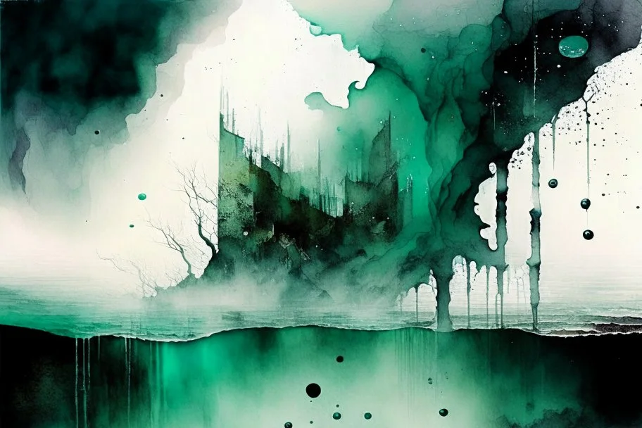 Sinking world, 3D, mist and smoke, black, turquoise (a little bit closer to the green) and white color, hard rain, and watercolor patchwork by Picasso and Caspar David Friedrich and Daniel Merriam digital painting award winning fantastic view high definition abstract surreal no watermark