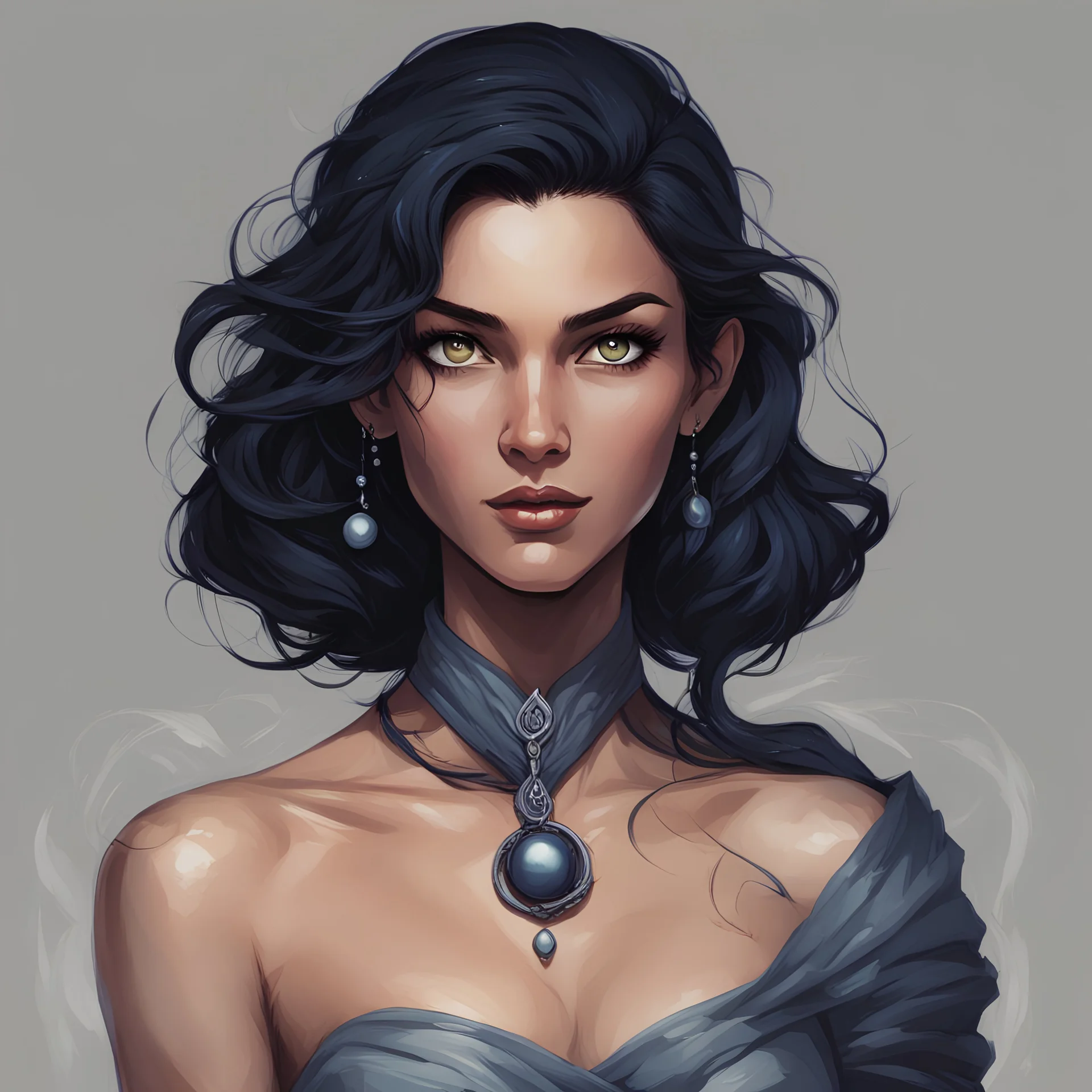 dungeons and dragons human female warlock, tanned skin, short length wavy ink navy black hair, light grey eyes that glow, tan skin, wears off the shoulder casual top, no cleavage, adorns pearl necklace made of black pearls, and snake tattoo that wraps around her left shoulder portrait