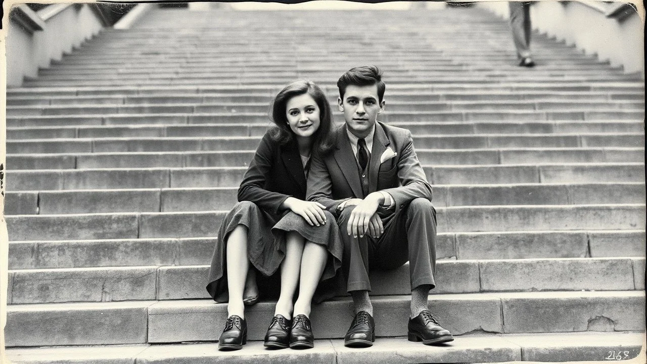 retro monochrome photo of a young hungarian couple in 60s style outfit sitting on the stone stairs in Budapest , the photo is old, stained and scratched in some places, one corner of the photo is missing, the girl's and the boy's faces not clearly visible, blured, behind them are many stairs, summer, moody photo