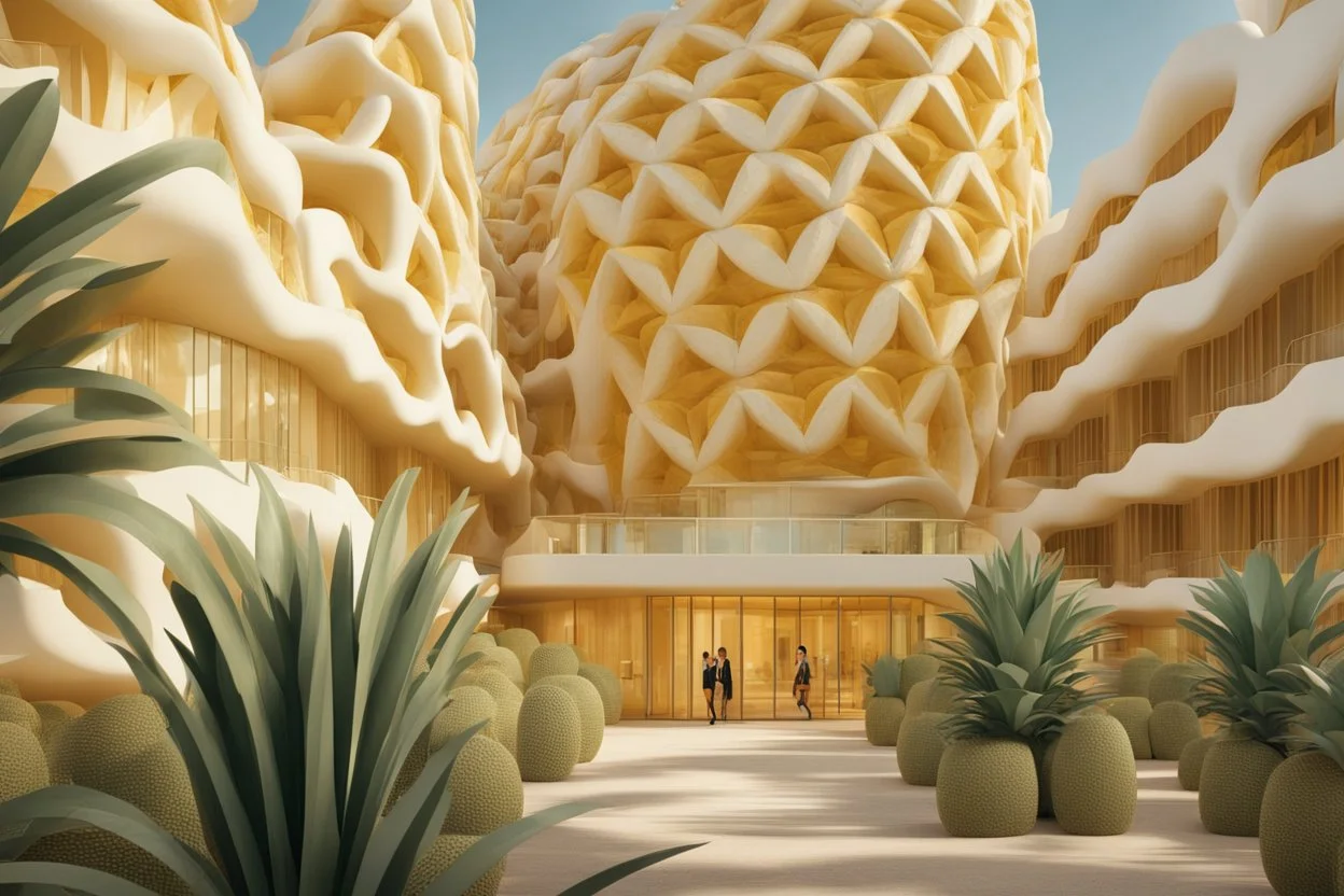 A tourist resort in the shape of a pineapple, interior design, facade