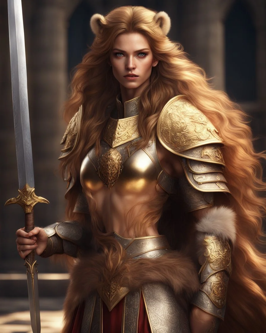 ((Masterpiece, Top Quality, High Resolution, Photorealistic, Extremely detailed CG unified 8k wallpaper)), 1 female, with gold eyes and and chestnut long hair, lion ears, a warrior queen, lion fur coat, silk dress, gold plate armor, a sword and a golden shield, slender, athletic, jaw-dropping beauty, perfect proportions. next to her A Big majestic Lion with iron armor, with golden eyes, standing looking at viewer, on top of the hill, sweeping wind, swirling clouds beneath, grande, epic.