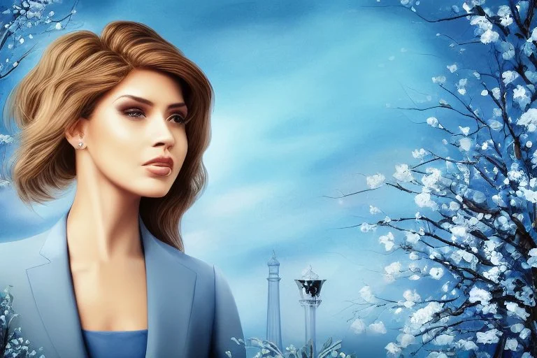 A beautiful light brown-haired, light-skinned woman in an elegant blue suit, graveyard and clocks highly detailed digital painting elegant very attractive beautiful award winning fantastic view crisp quality very cute acrylic art in the sunlight