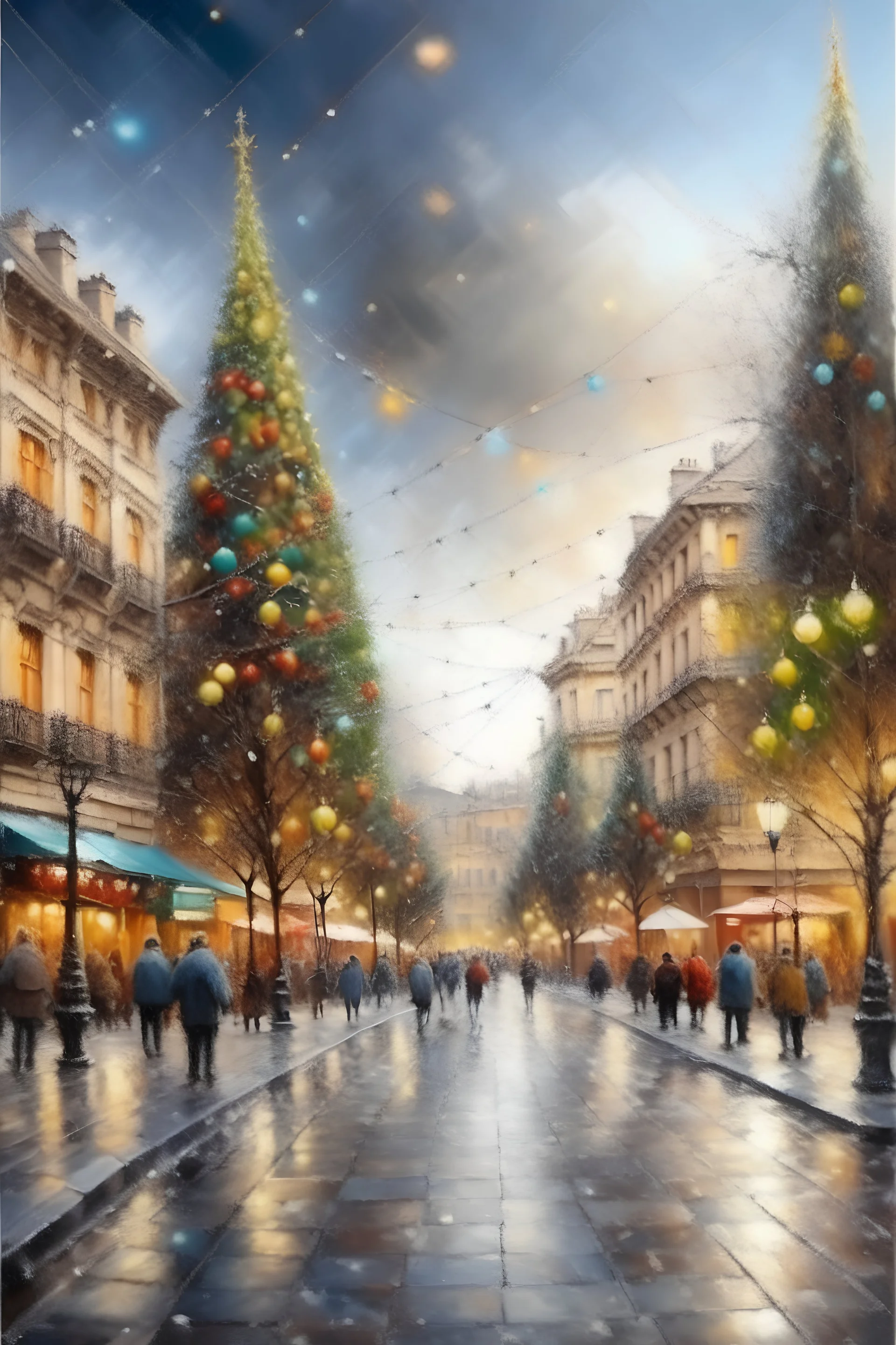 its snowing in downtown Barcelona and Christmas ornaments and decorations are on the street, the atmosphere is cozy and full of joyful holiday celebration, oil painting