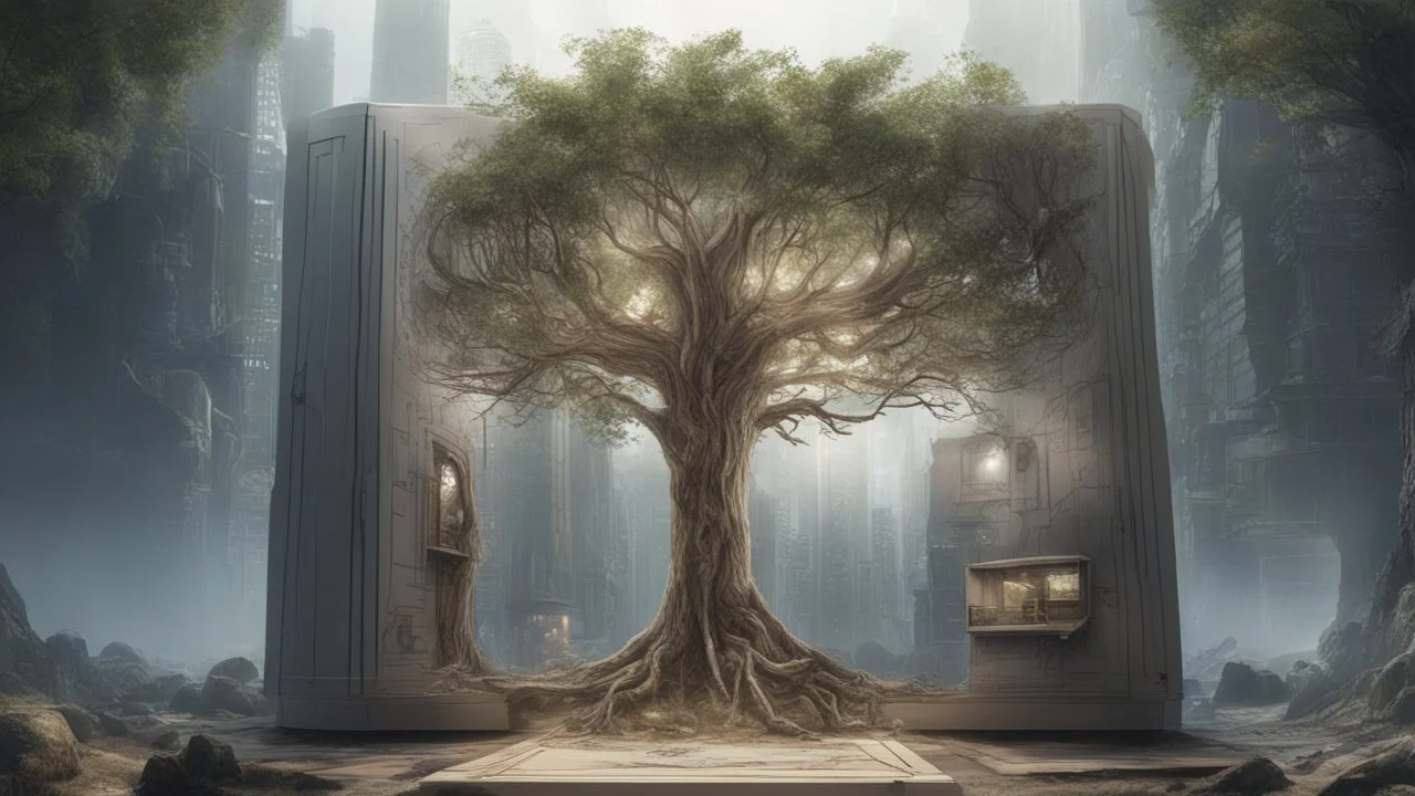 drawing only ona a cabinet 1.45 meters high and 34 meters wide. The last tree, city of the future year 4222, portal in space that's leads to the afterlife, very realistic, 4K