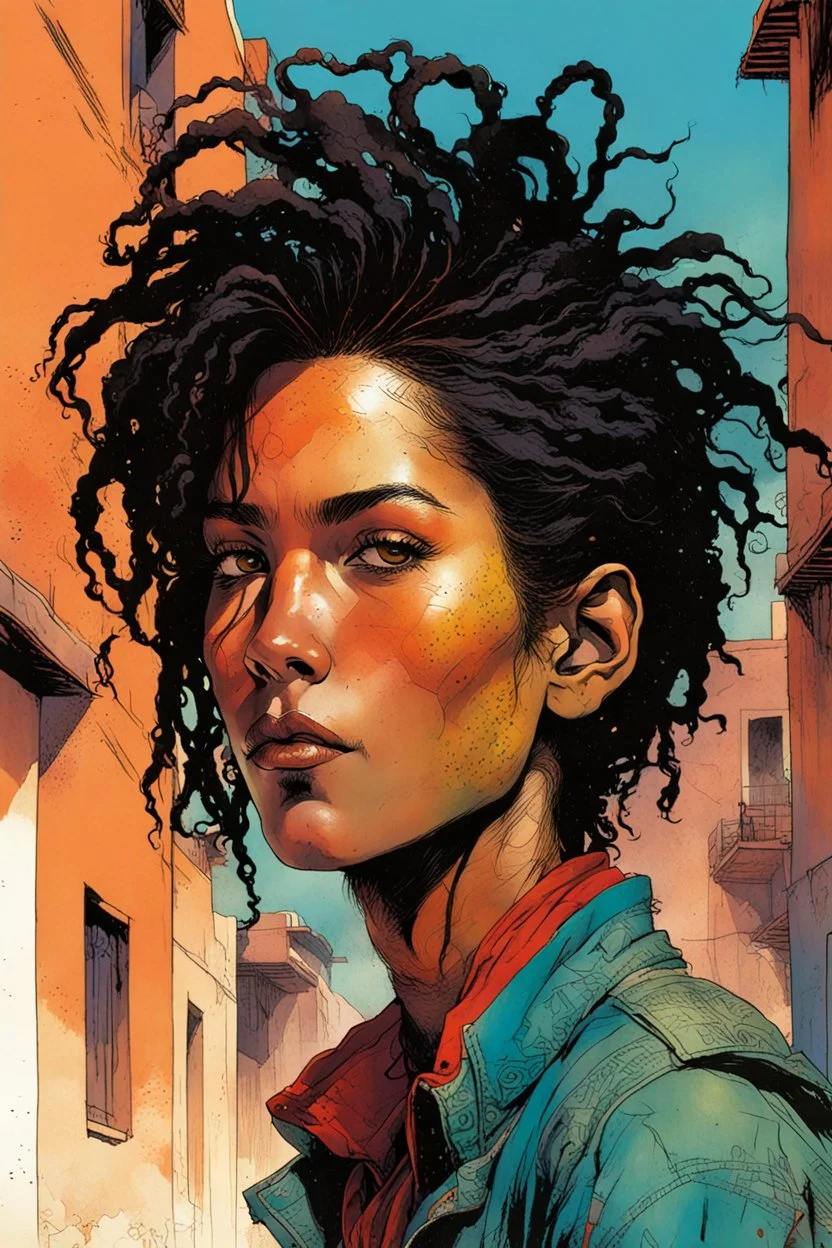 create an imaginative full boy illustration of an female, ornately dressed Taureg nomad with finely detailed facial features, short dreadlock hair, in the backstreets of Marrakech, in the comic book art style of Bill Sienkiewicz, Mike Mignola, and Jean Giraud Moebius, finely textured, drawn, colored, and inked