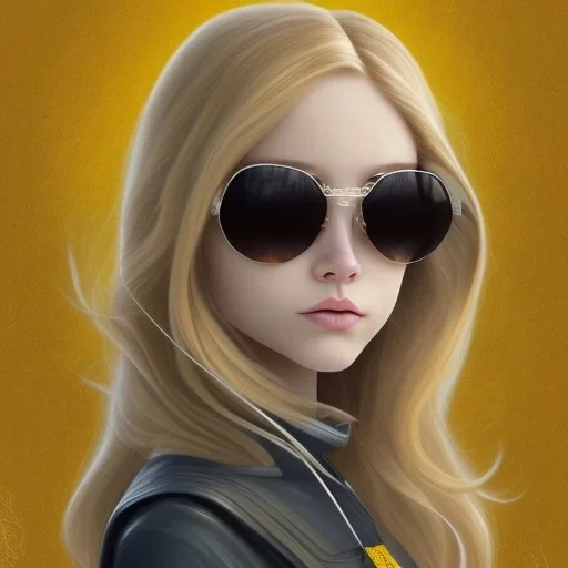 Girl with long wavy brown blond hair, yellow eyes. Wears Hogwarts Hufflepuff uniform, sunglasses with a yellow clip. She has a snowy owl with yellow eyes on her shoulder.