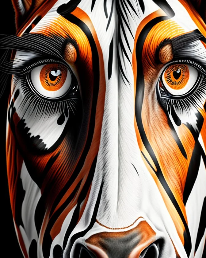 Horse vision symmetrical eyes symmetrical ear symmetrical frontal view head full ink art colours orange cream white and black hyper-detailed realistic 8k