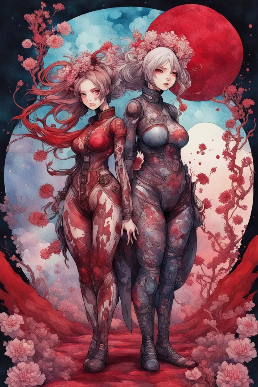 cyberpunk full body, huge girl and petit girl in, blood, guts, wildflower, cosmic, futuristic, iridescent, intricate, behind made background liquid, watercolor illustration by <Katsushika Hokusai>, darkred tones,