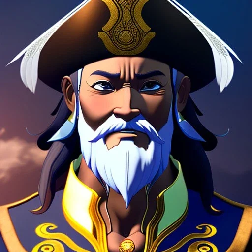 old man pirate,detailed eyes, disturbed expression.intricate detaile,thnically accurate face, intricate head dress,detailed 1800 pirate suite, detailed hair, detailed feathers, use dynamic palette, accurate proportions, high contrast black smokey bokeh background.korra character style.