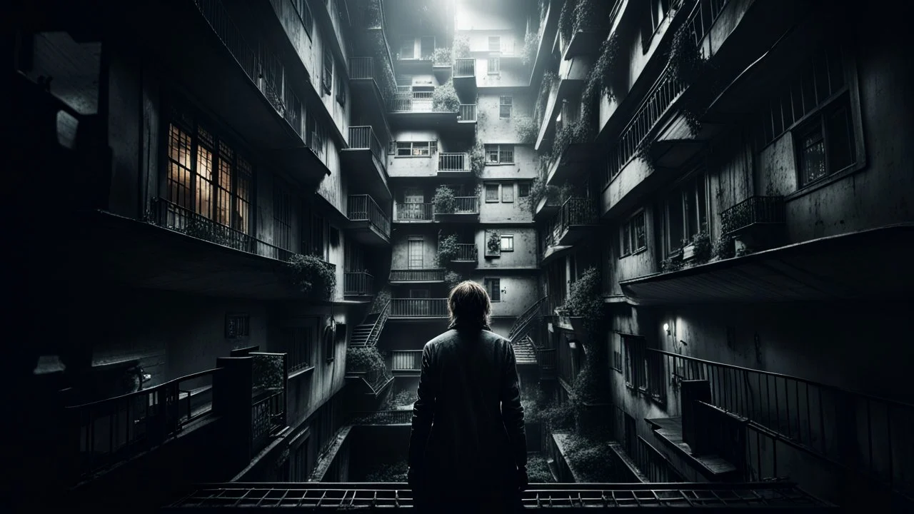 Hogyan is érthetné a második emeleti lakó a földszinten élő nyomorúságát? high contrast, detailed, thriller, deep dark colors, gloomy, cinematic