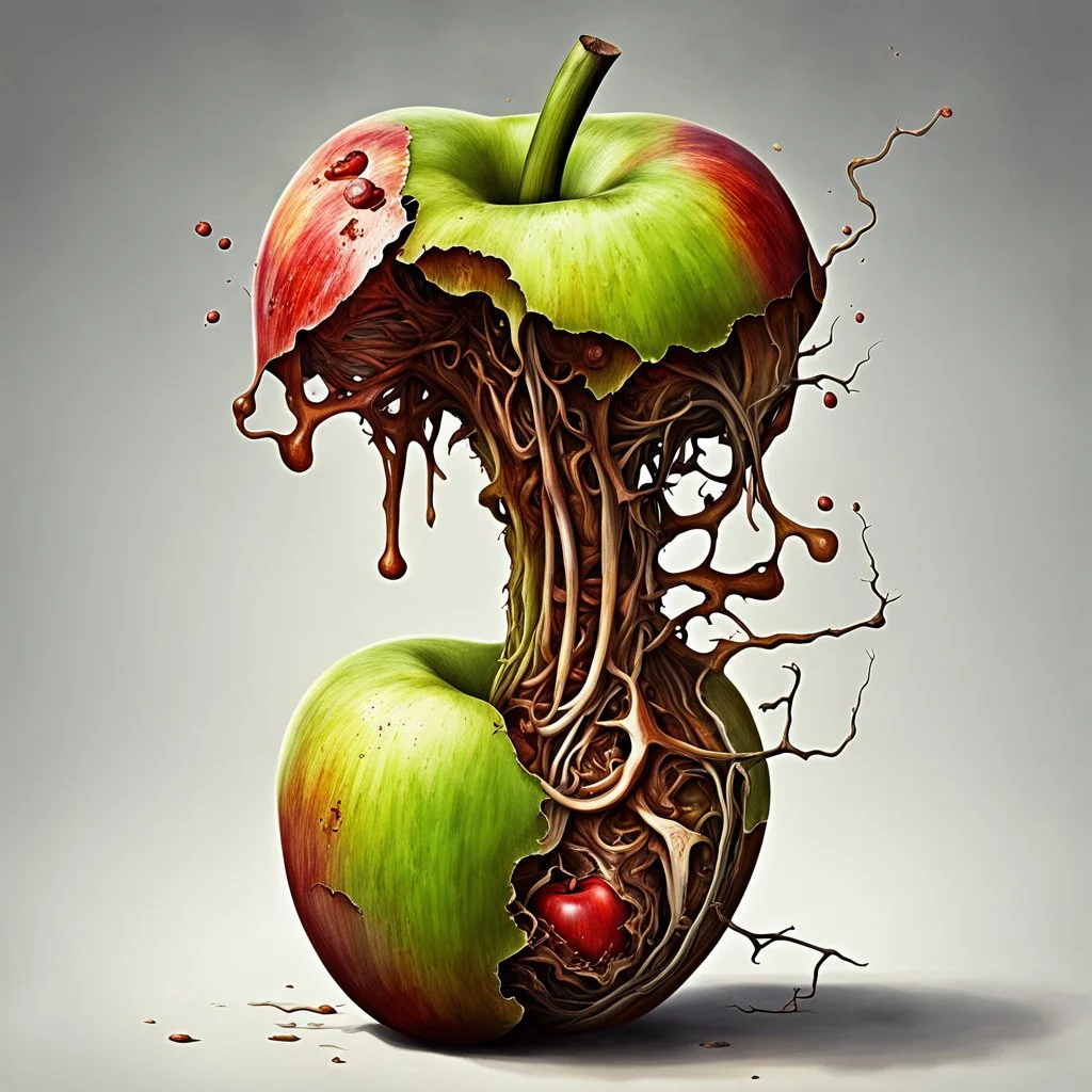 half eaten apple, apple core is mechanical, neo surrealism, high concept art, beautiful smooth art, by nicola Samuri