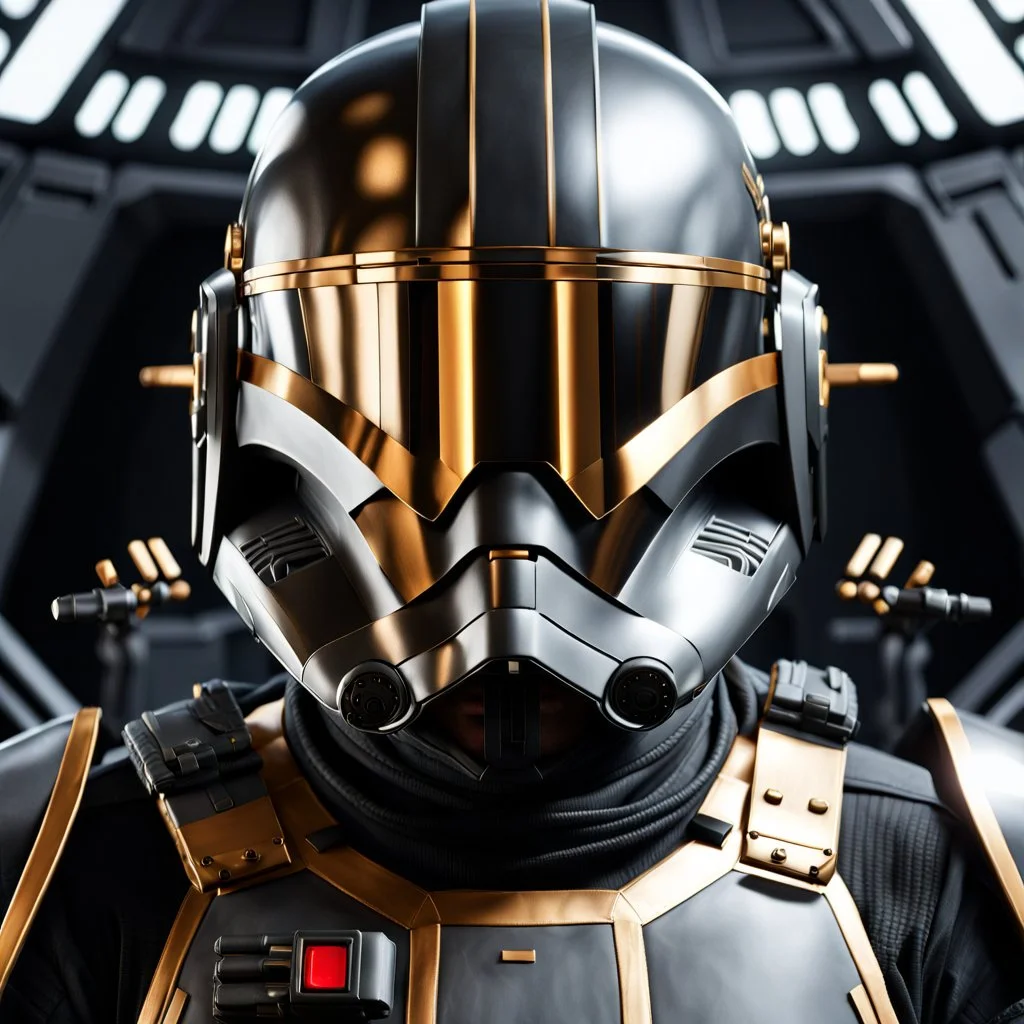 star wars bald male corellian pilot wearing dark gunmetal grey and black First Order special forces TIE pilot armored flightsuit and helmet with gold trim inside the jedi temple, centered head and shoulders portrait, hyperdetailed, dynamic lighting, hyperdetailed background, 8k resolution, volumetric lighting, light skin, fully symmetric details