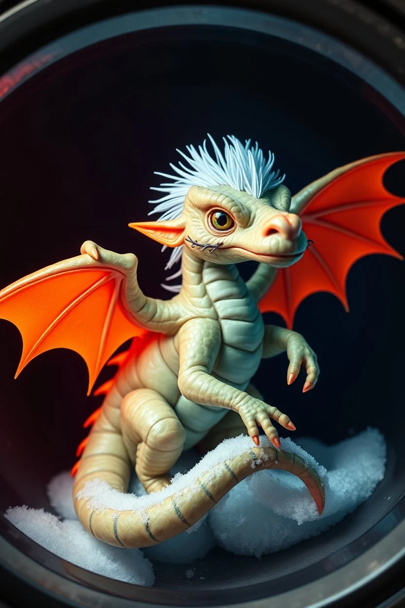 The image depicts a fantastical gremlin duck snow soup, specifically a dragon with neon flash aura, with a unique and whimsical appearance. The dragon is positioned in a circular frame, which suggests it might be inside a container or a vessel. The dragon's body is elongated and has a segmented appearance, with a detailed texture that gives it a realistic look. Its head is covered with white, spiky hair, adding to its fantastical charm. The dragon's wings are large and spread out, with orange