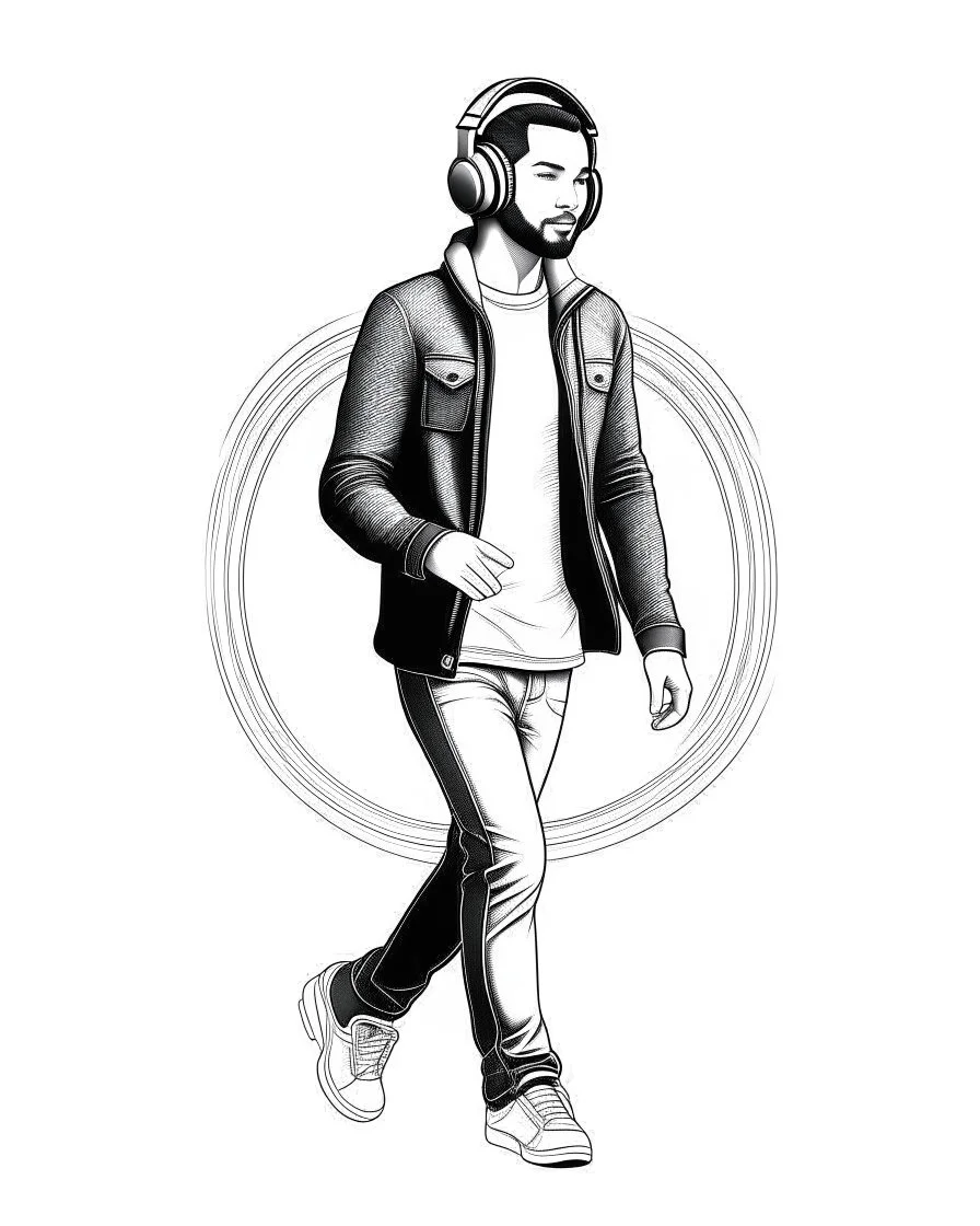 Illustration sketch of man in music with headphone full body