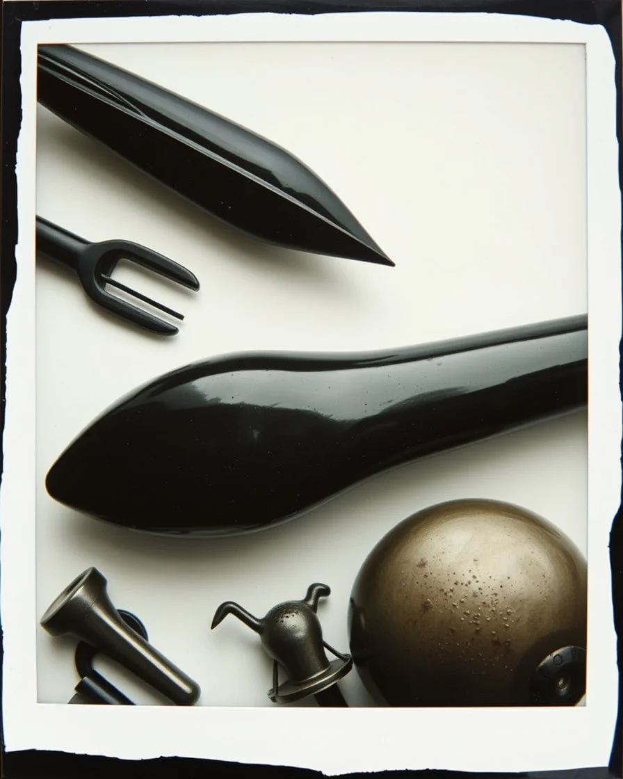 Photography polaroid close-up of several shapes, elongated lines and object, massive odd Yves Tanguy incomprehensible style, Surrealism. On the left, there are other lower shapes, similar to tools or mechanisms, randomly arranged, glossy, organic, creepy tumor mass growing, strong texture, fiotti di liquido nero, horror, panic, obsessive, hypnotic