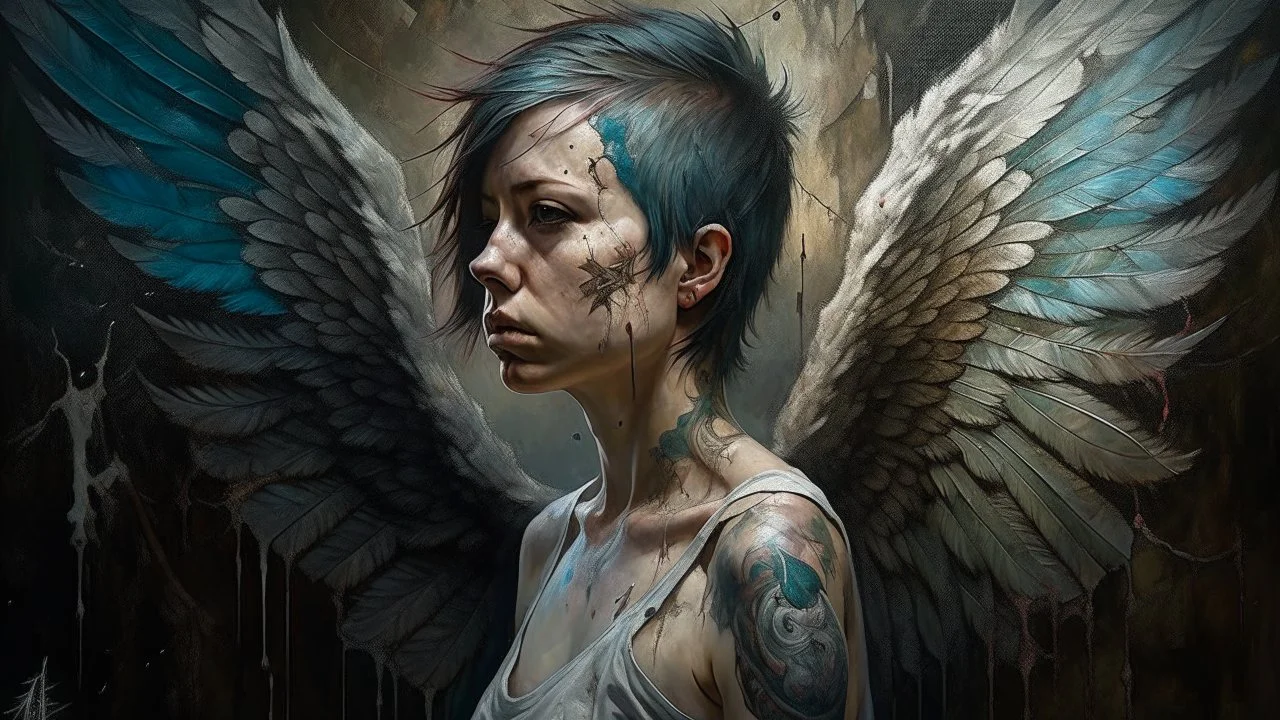 Punk, Angel, pregnant, portrait, old canvas, torn cracks, mystical, fine rendering, high detail, 8K