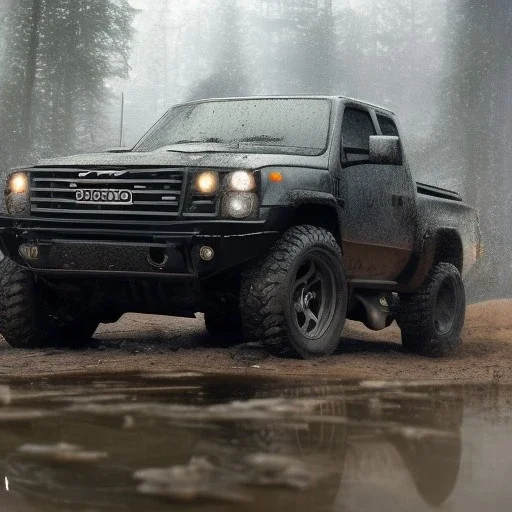 stylized hyperrealistic shot, muddy military nukizer toy truck, monotone color palette, sharp focus, puddle reflection, tire water splash, refraction, mist on the horizon, shadowcast, god rays, detailed and intricate, cinematic composition, micro, tilt shift photography