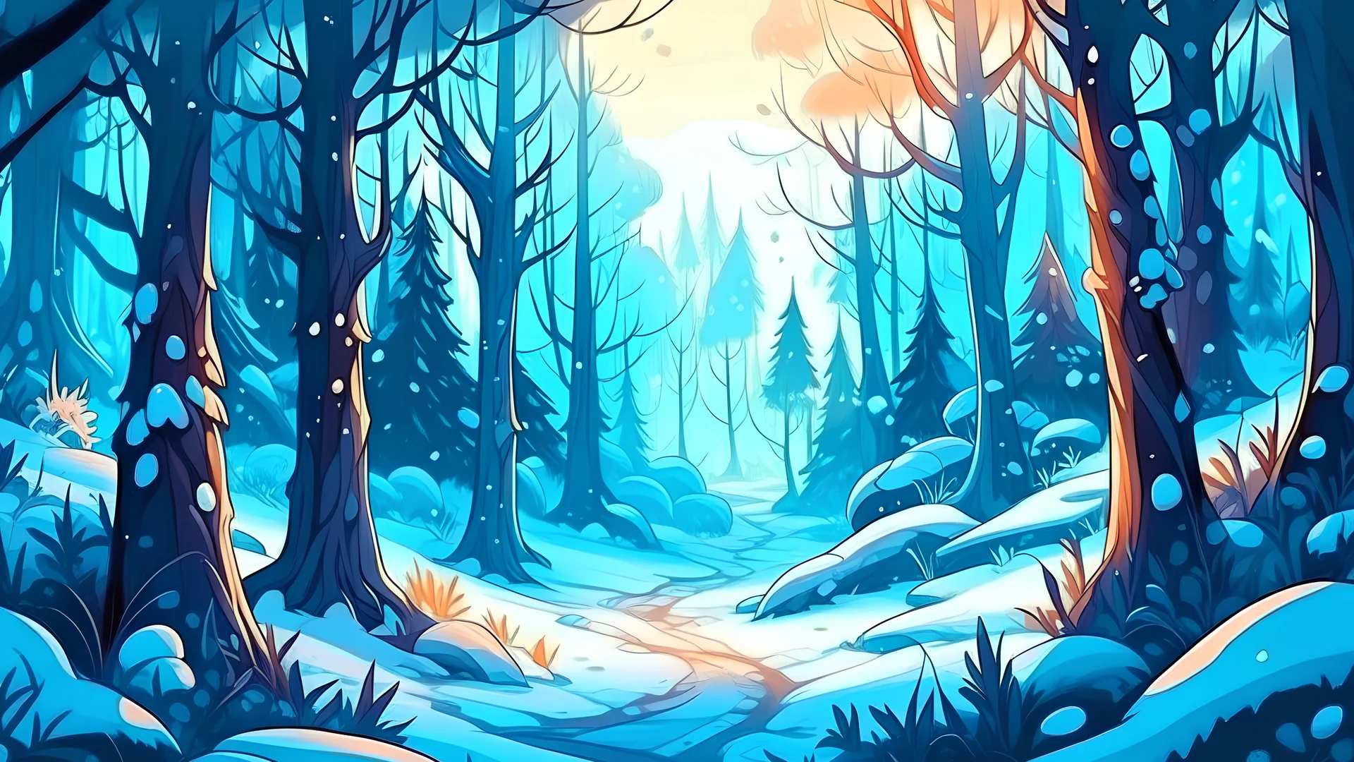 fantasy cartoon style illustration: winter with snow in the wood