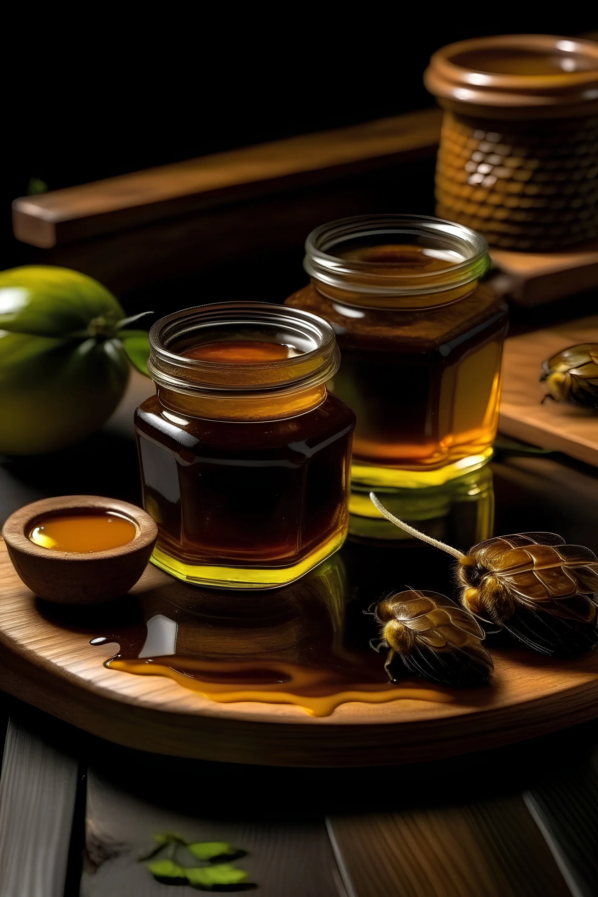 bee honey in the grlass on the wooden table, bees are on the table