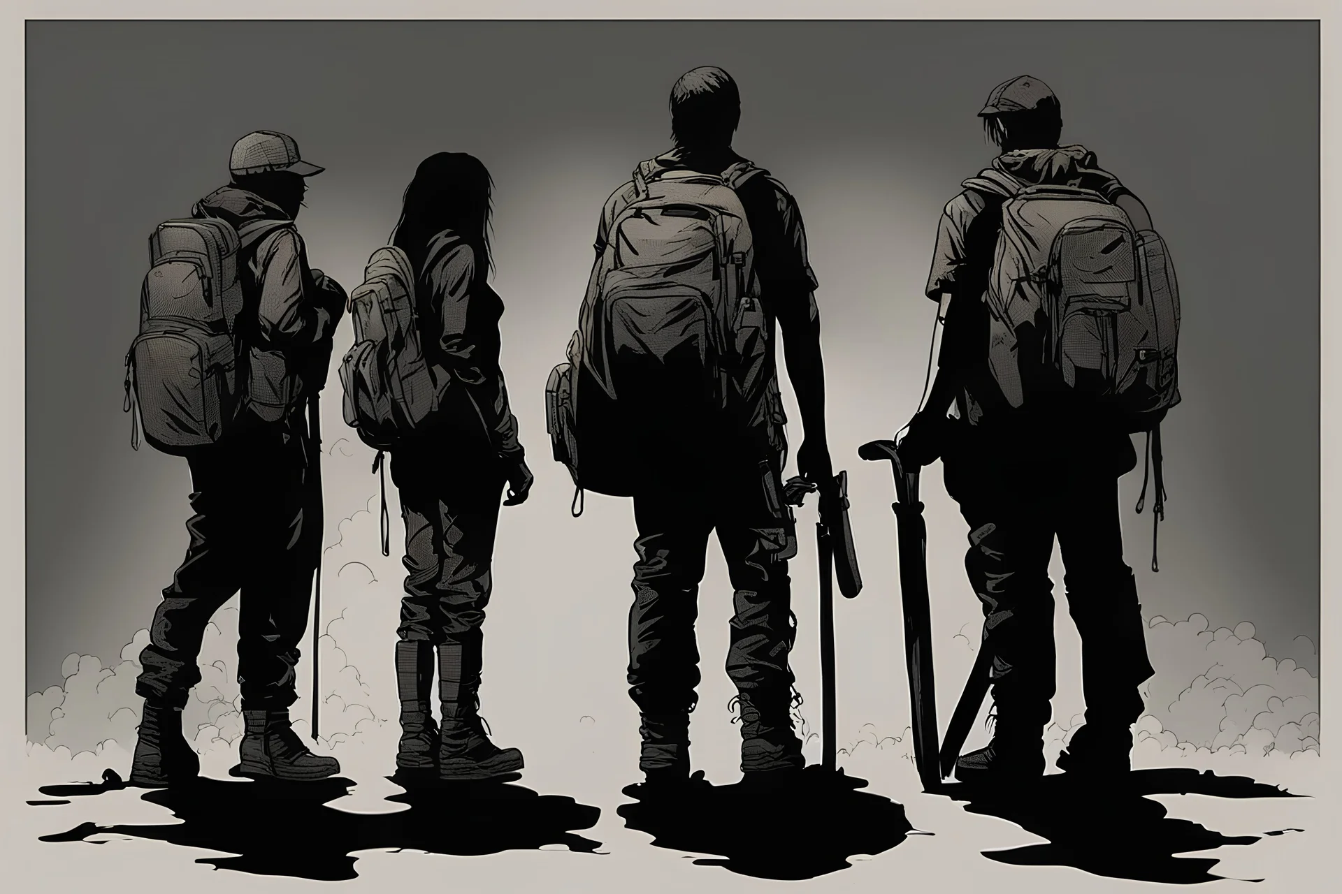 four persons, standing, silhouette, comic book,post-apocalypse, gray background, backpack,