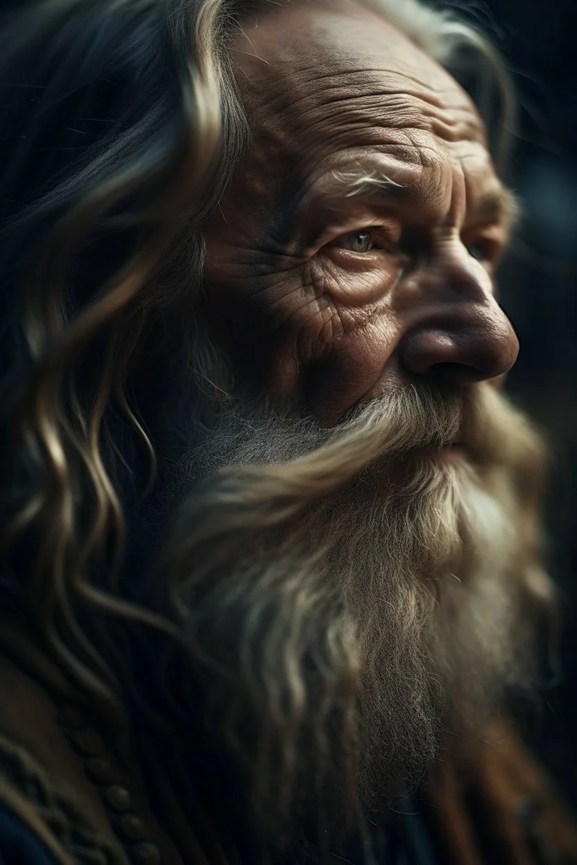 A close up picture of a s very old man with long hair and a beard, by Johannes Sveinsson Kjarval, dynamic cinematic lighting, test of time, highly detailed, wise, portrait of a rugged warrior, color graded, Nordic