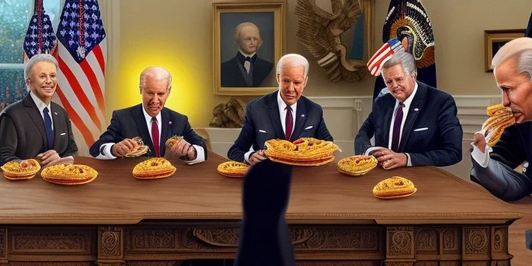  aliens in clothes enjoying fast food on earth in the oval office with biden