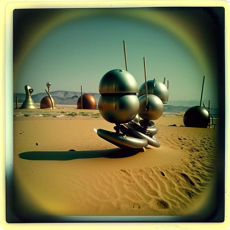 Odd spindle-shaped objects scattered over an arid surface, nothingness, close-up, polaroid, in Yves Tanguy style, nightmare