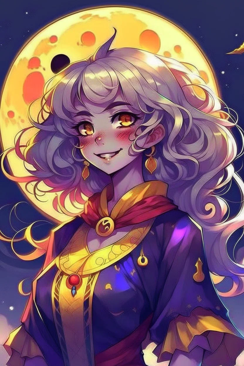 Style: anime manga, A Girl with dark skin tone, Red eye with a yellow base, Full curly white hair, moon-shaped cheek marks, and a childish smile, Her face is half in profile, Her outfit is: A lunar witch with purple color.