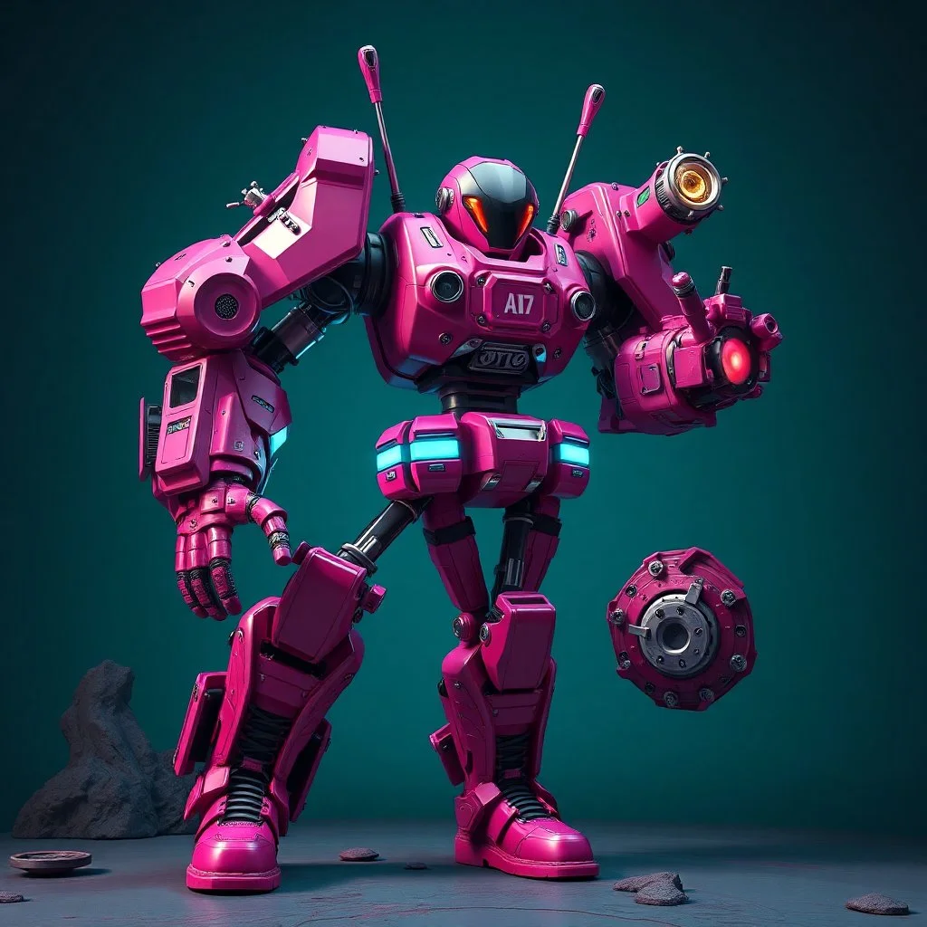 A hyper-realistic 3D Surreal digital painting, magenta droid mechanic, rich deep teal background, dreamlike imagery, fantastical elements, perfect body ,dymond , boots