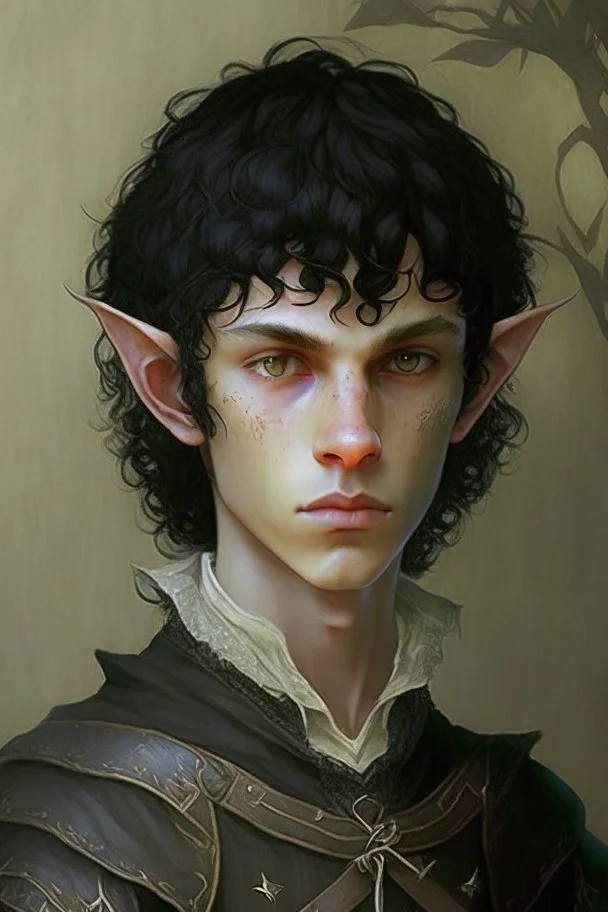 a teen elf, full lenght. he has curly, black hair and sharp cheekbones. His eyes are black. He wears fantasy medieval clothes. he is lean and tall, with pale skin.