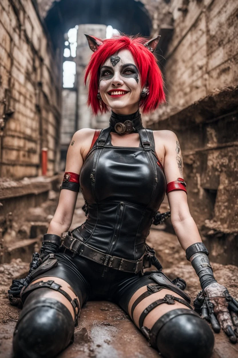 Closeup Tank girl smiling, lying pose, rabbit mask, red and black short hair, latex suit, ragged clothes, fullbody, dieselpunk, valves and old city behind, the perspective looking up from the bottom of an empty well , 8k,macro photography,