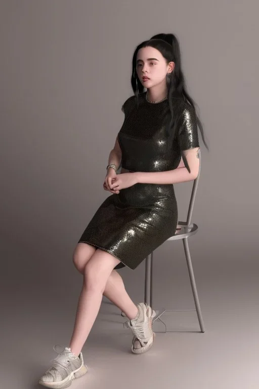 Billie Eilish, sitting on a chair, Black Short Dress, high detail, realistic, 8k