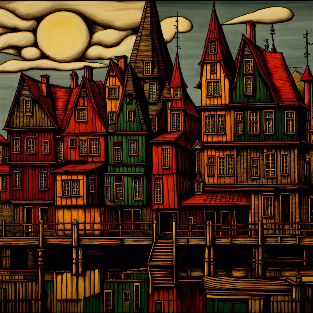 the style of Bernard Buffet Modifiers: extremely detailed intricate details beautiful fantastic view 4K 3D crisp quality Unreal Engine colourful Jacek Yerka acrylic art bernard buffet Started from image: