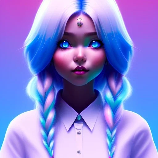 blue hair woman, teenager, smile, purpurin, school dress, white shirt, gradient color, BLUE, PINK, CYAN, neon, insanely detailed, 16k resolution, perfect eyes, cinematic smooth, intricate detail