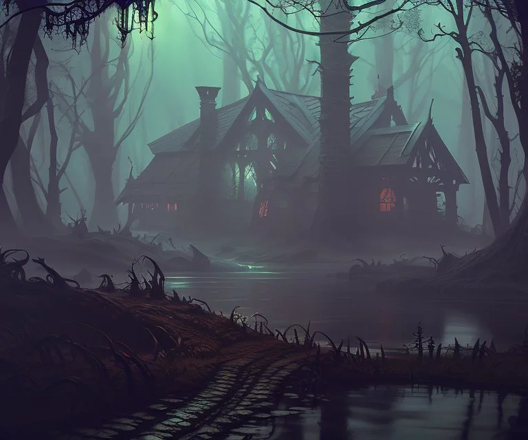 dynamic lighting, Intricately detailed, Splash screen art, deep color, Unreal Engine, volumetric lighting, dark fantasy artwork, dark swamp artwork, fantasy swamp artwork, cottage, night, fog,