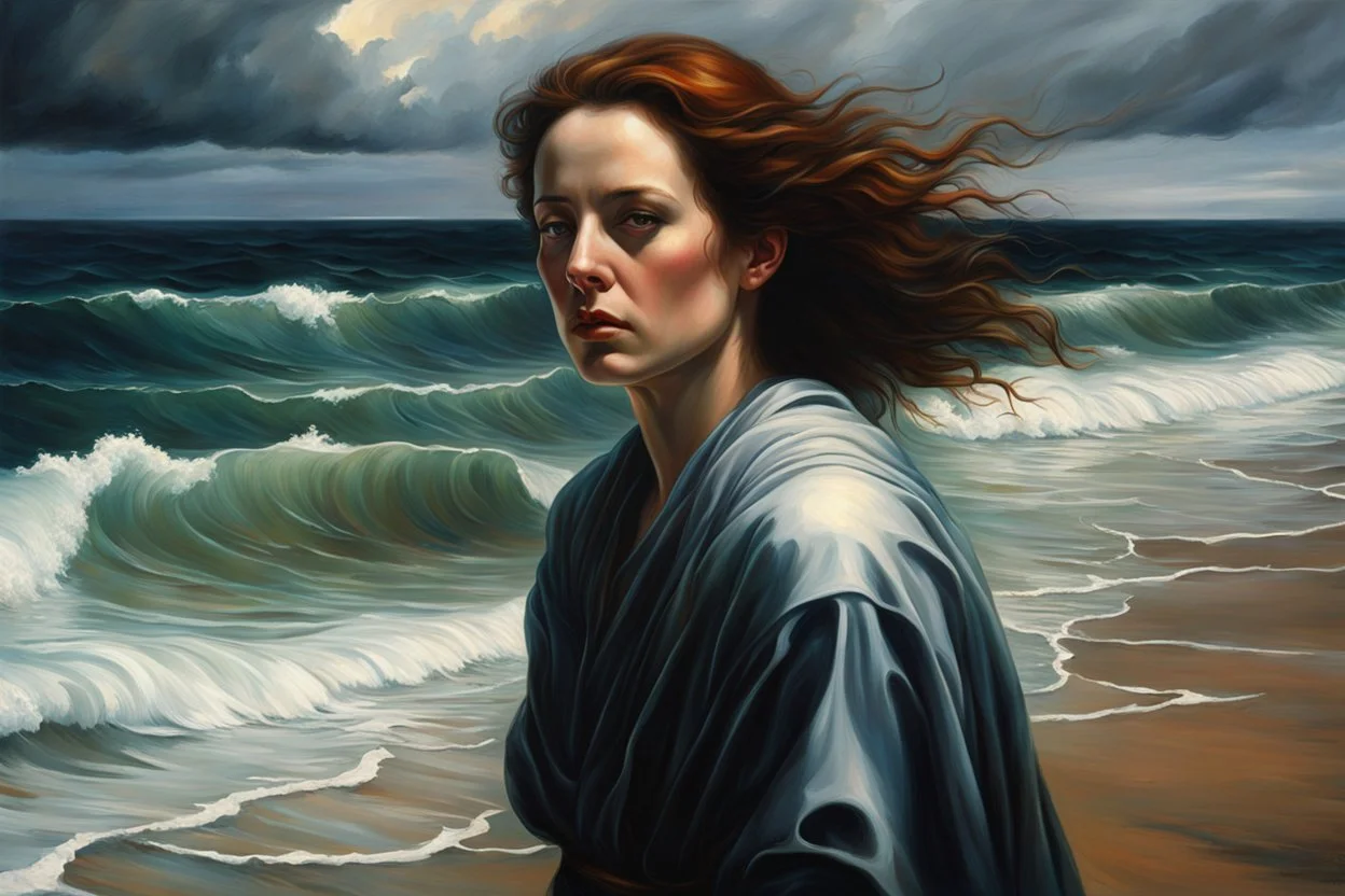 create a classical-abstract-realist sci-fi fantasy portrait painting of a lonely distraught woman with highly defined facial features, walking on the shore of a tempestuous sea in the style of Donato Giancola, Hans Memling, Titian, and Caravaggio, 8k, highly detailed, otherworldly and fantastic