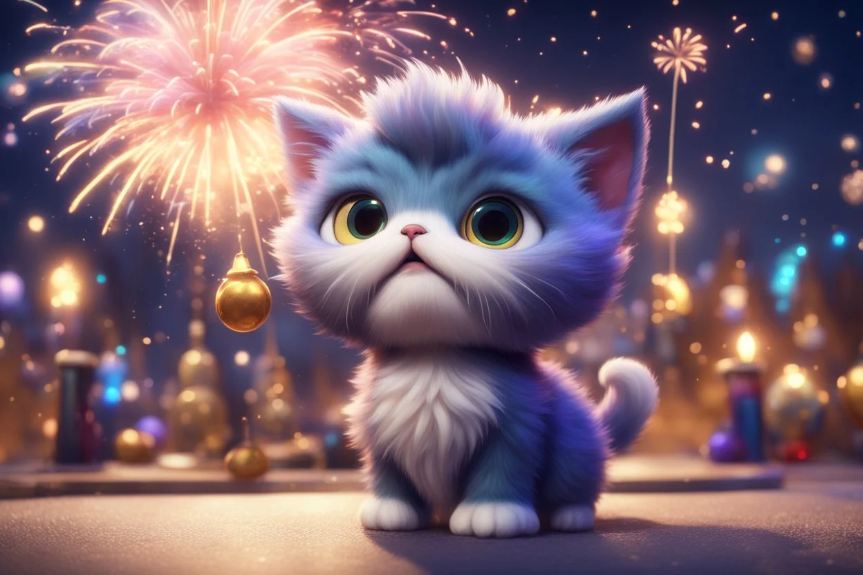 cute fluffy pixar chibi cat, new years eve scene, champagne, twisted serpentine, fireworks Weight:1 detailed matte painting, deep color, fantastical, intricate detail, splash screen, complementary colors, fantasy concept art, 8k resolution trending on Artstation Unreal Engine 5 Weight:0.9