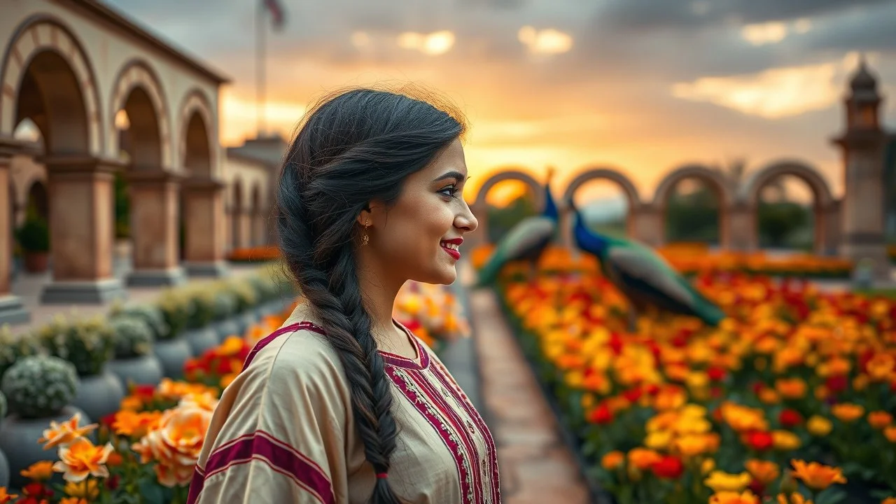 Hyper Realistic Photographic Close Side View Of A Beautiful Pashto Woman (With Beautiful Eyes Lips & Nose, & Long Black braid Hairstyle ; Wearing Beige Frock With Maroon & Purple Stripes & white embroidery) Happily Standing In A Beautiful Colorful Flower Garden With Fancy Stone Arches & A Peacocks Far Behind Her At Beautiful Cloudy Sunset Showing Dramatic & Cinematic Ambiance.