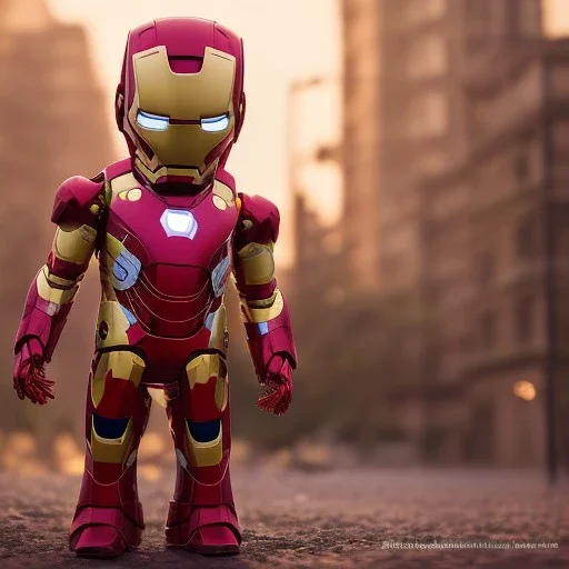 Iron man toddler, real, full body, tokio background, dramatic lighting, hyper realistic, 8k