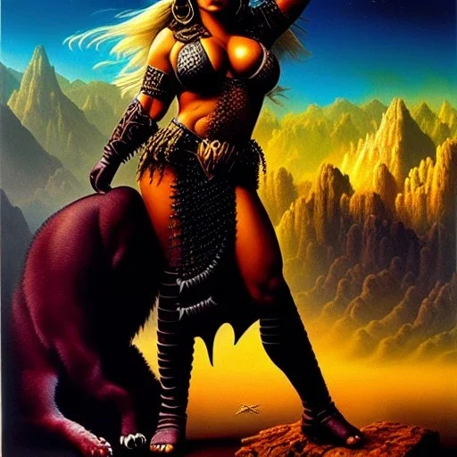 portrait oil on canvas,beautiful busty Female Warrior riding a Gigantic Panther, minimal armor,comic book cover, mystical colors,insanely detailed,realistic,intrincate detail,crystal clear eyes,perfectly drawn face, 16k resolution, masterpiece,Simon Bisley,Frank Frazetta,Alex Horley,ARTHUR ADAMS