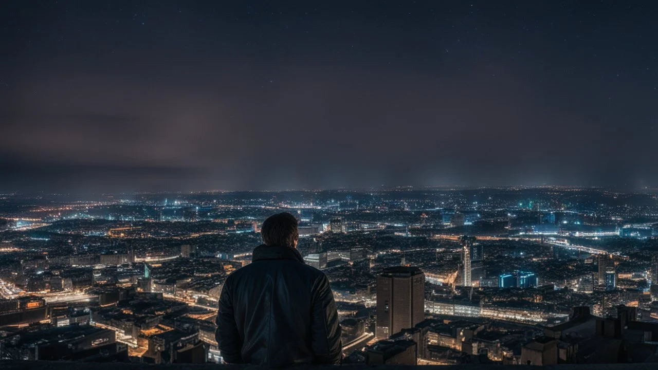 An Englishman in a bomber jacket standing at the top of a tall building looking across a city at night