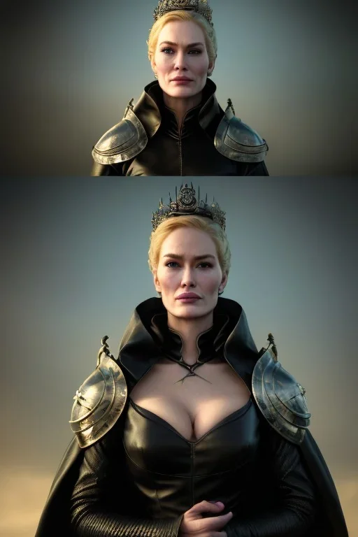 Cersei Lannister as evil queen in black leather coat, busty, cleavage, voluptuous, lena headay, angry, stern look. character design by cory loftis, fenghua zhong, ryohei hase, ismail inceoglu and ruan jia. unreal engine 5, artistic lighting, highly detailed, photorealistic, fantasy