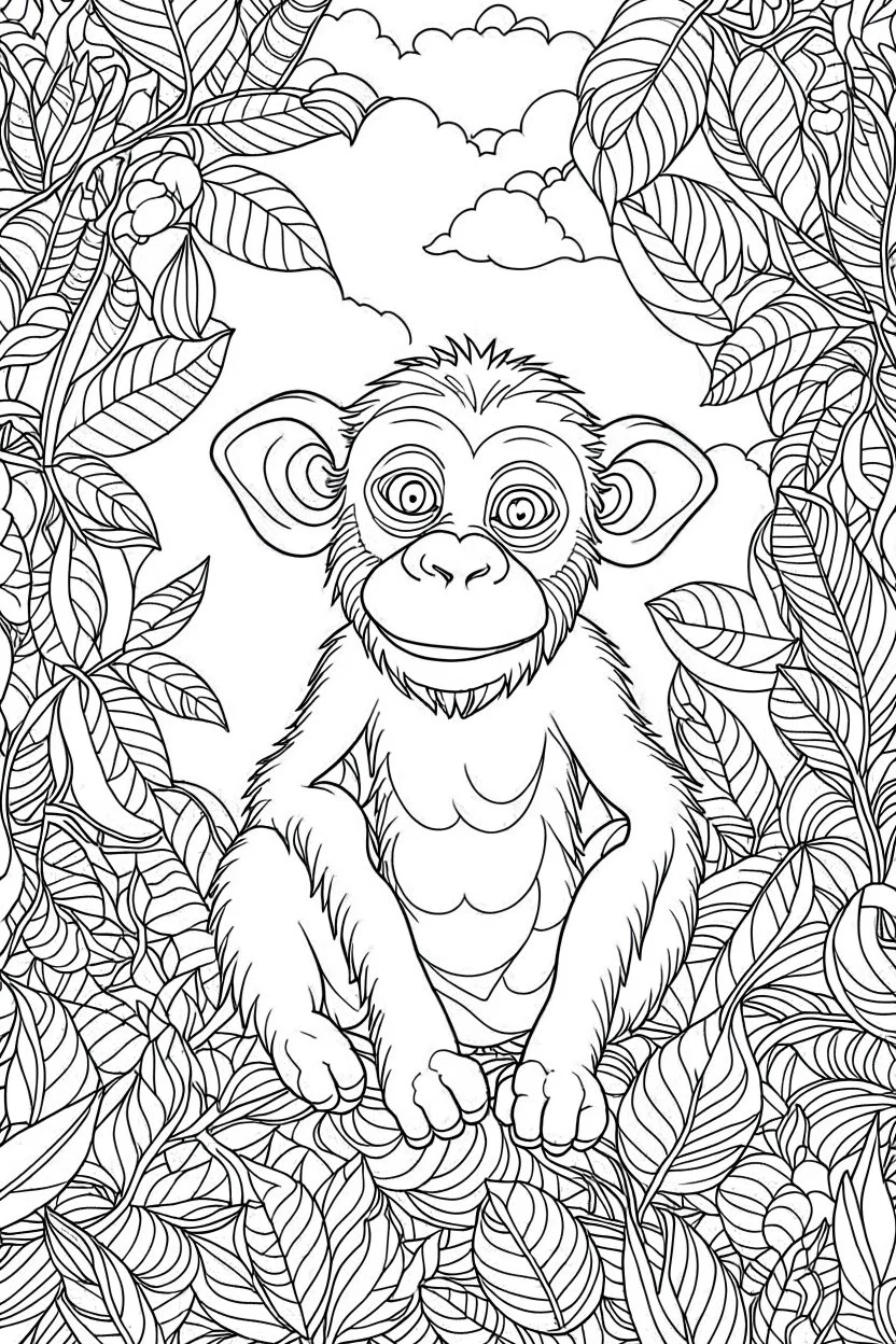 Children illustration monkey coloring book cover with color