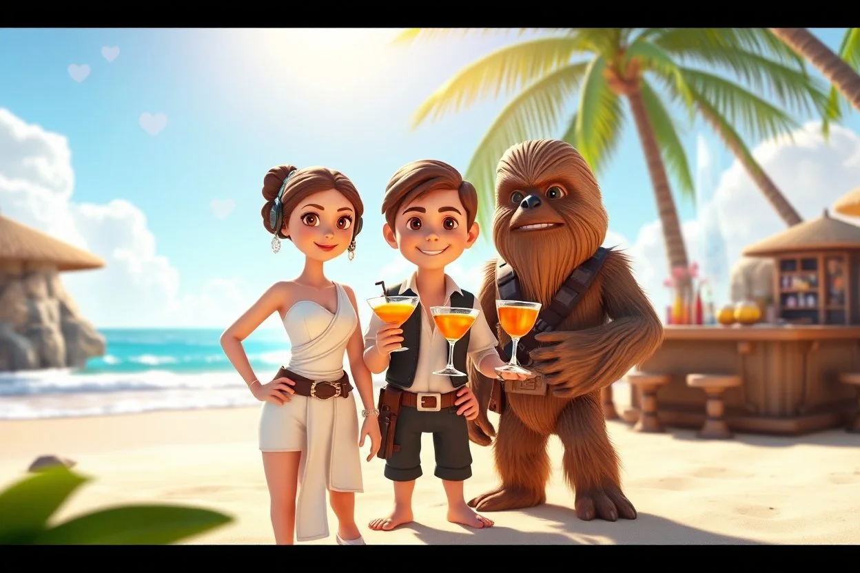 3D video game characters, star wars, Leia princess, Luke, Han Solo, Chewbacca at the beach in sunshine, tiki bar, cocktails, hearts, waterfall, happiness