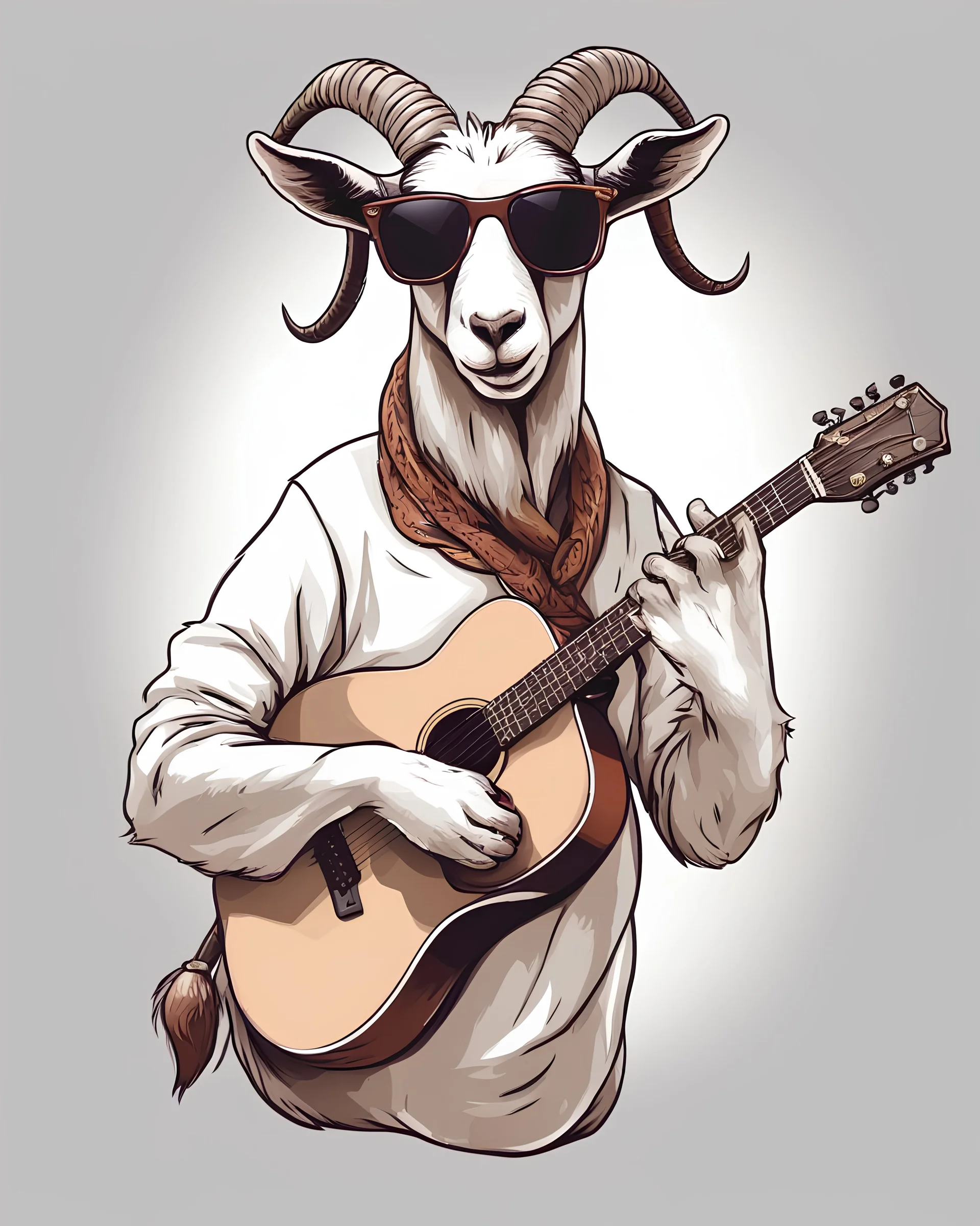 Funny and stylish goat wearing sunglasses and playing guitar illustration, white background, no shadows and clear and well outlined